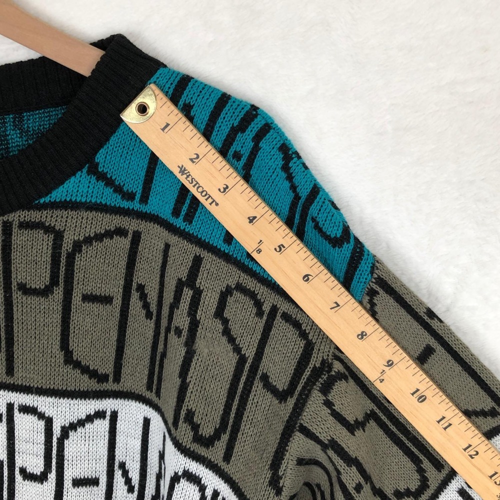 VTG 80s ASPEN Spellout Graphic Knit Sweater Unisex Sz M Teal Gray White Black - Picture 7 of 8